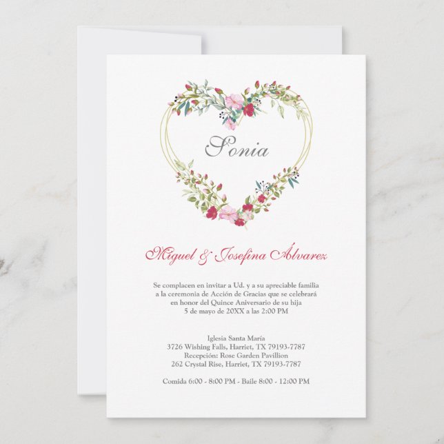 Corazón Floral en Rosa y Rojo para Quinceañera (Devant)