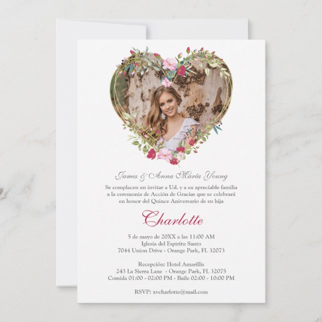 Corazón Floral Rosa y Rojo con Foto de Quinceañera (Devant)