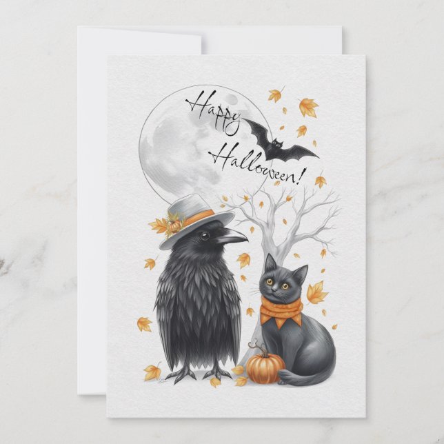Corbeau & Chat Carte de voeux d'automne Halloween (Devant)