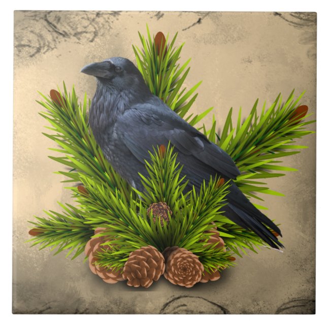 Corbeau dans un pin trumeau décoratif carreau de c (Devant)