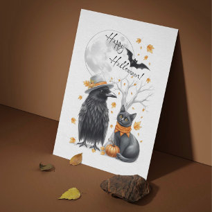 Corbeau et chat Automne Carte postale d'Halloween