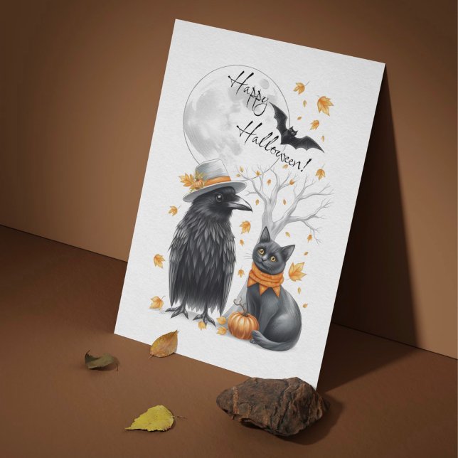 Corbeau et chat Automne Carte postale d'Halloween (Créateur téléchargé)