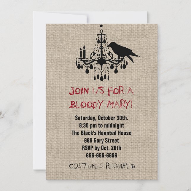 Corbeau et lustre sur Burlap Halloween Invitation (Devant)