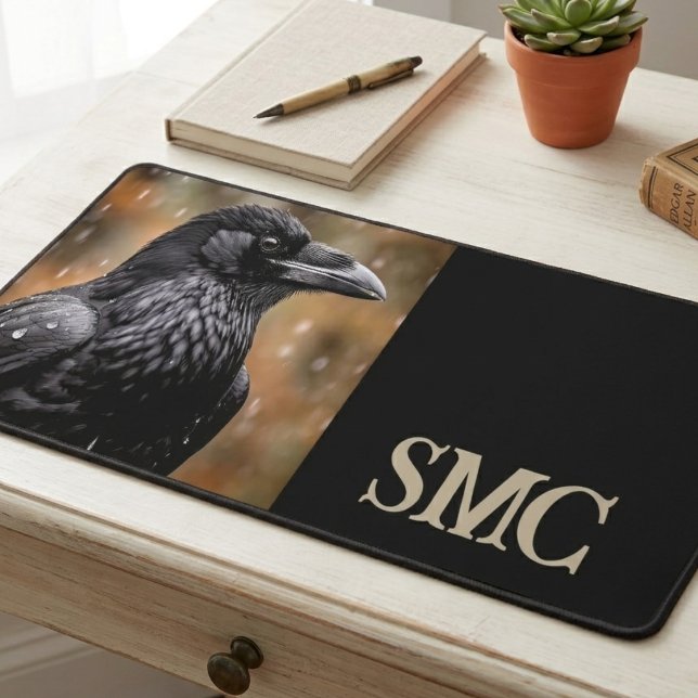Corbeau Lunatique avec Monogramme (A moody raven desk mat with a personal monogram, perfect for a gothic home office upgrade.)