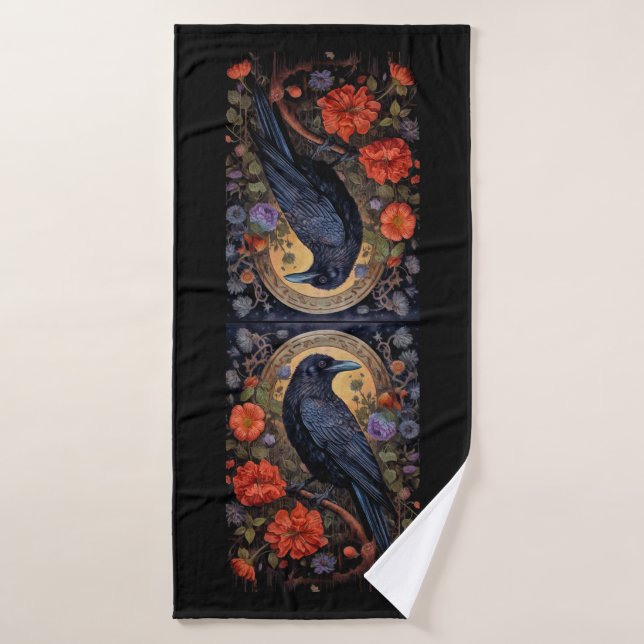 Corbeau noir avec fleurs Design gothique (Serviette de bain)