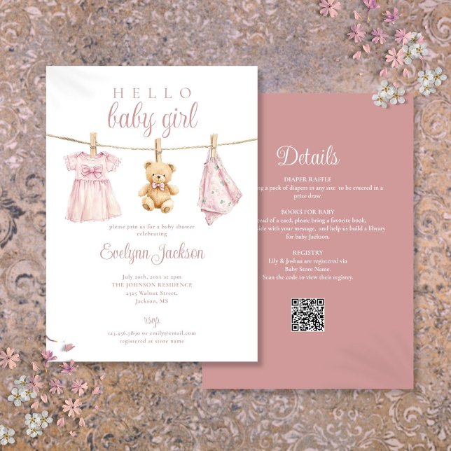 Corde à linge pour bébé fille rose Invitation Baby (Pink Girl Clothesline Baby Shower All In One Invitation)