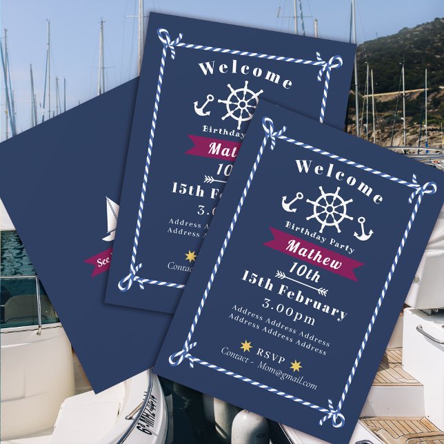 Corde nautique Anniversaire Marine Blue Invitation (Nautical Rope Birthday Invitation Navy Card.)