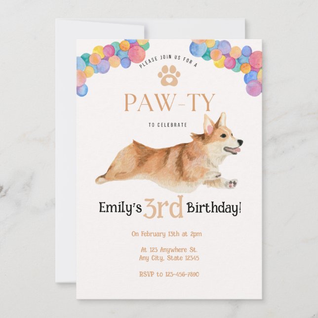 Corgi anniversaire Pawty invitation (Devant)
