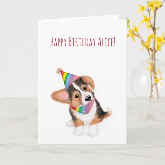Corgi chiot carte d'anniversaire personnalisée (Fleur jaune)
