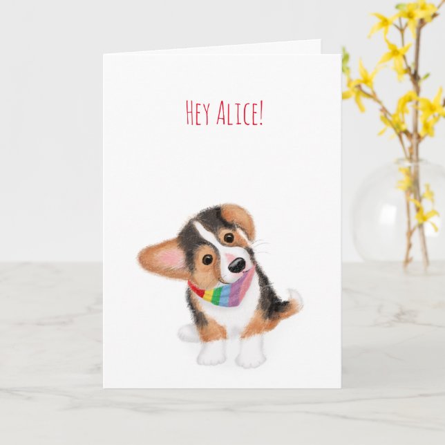 Corgi chiot hé là arc-en-ciel carte personnalisée (Fleur jaune)