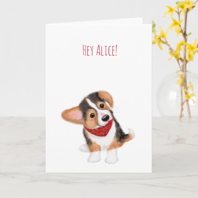 Corgi chiot penser à vous carte personnalisée (Fleur jaune)