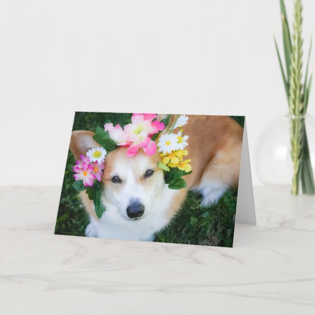 Corgi dans Flower Garland carte de voeux vierge (Devant)