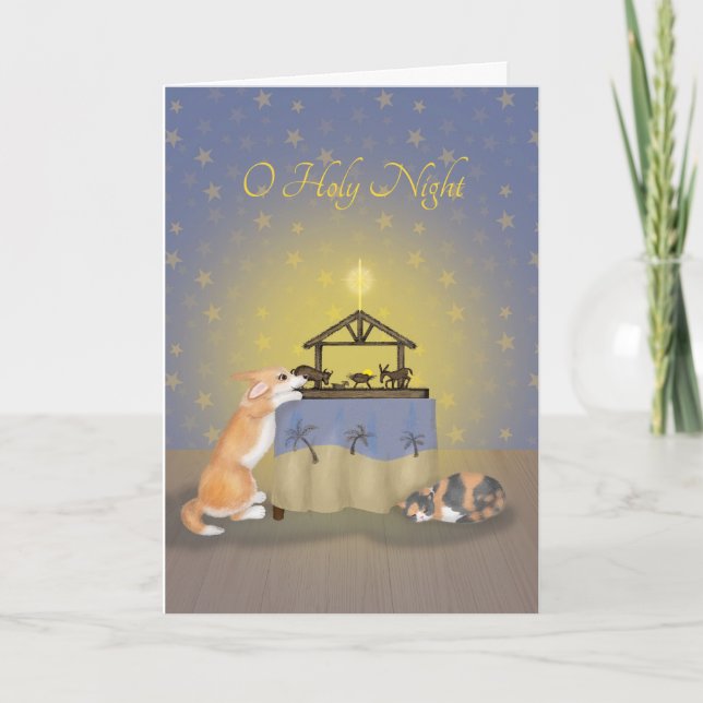 Corgi et chat avec la carte de Noël de la crèche (Devant)