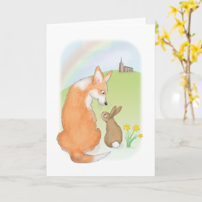 Corgi mignonne et lapin Carte Pâques (Fleur jaune)