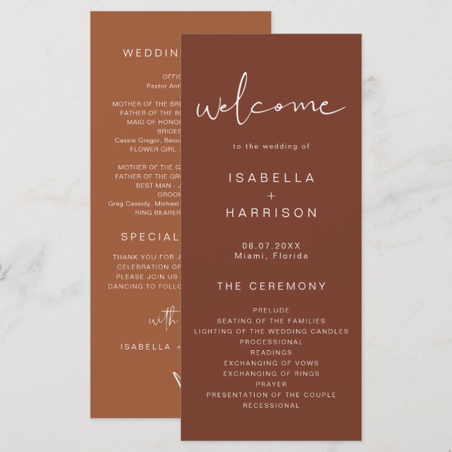 CORIANDER Rust and Burnt Orange Wedding Programme (Devant / Derrière)