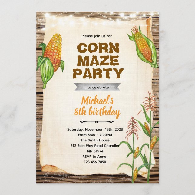 Corn maze birthday party invitation (Devant)