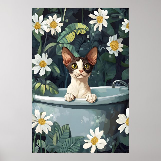 Cornish Rex In Bathtub Poster, Funny Cat Poster (Devant)