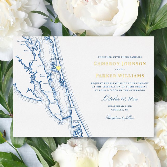 Corolla NC Carte OBX Mariage Navy et Or (Corolla NC Map Wedding invitation with Elegant Gold Foil navy blue Outer Banks Coastal Map Designs)
