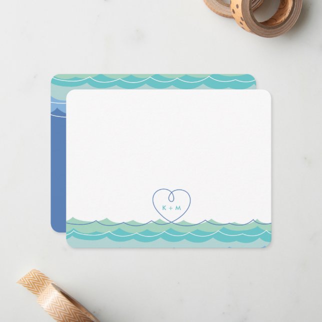 Correspondance Aqua Blue Waves Loopy Heart Mariage Carte de remer (Devant/Arrière en situation)