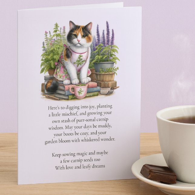 Correspondance Calico et la carte plat Amoureux de les chats Catn (Whiskered wisdom and warm tea let your garden bloom with calm, comfort, and a hint of mischief.)