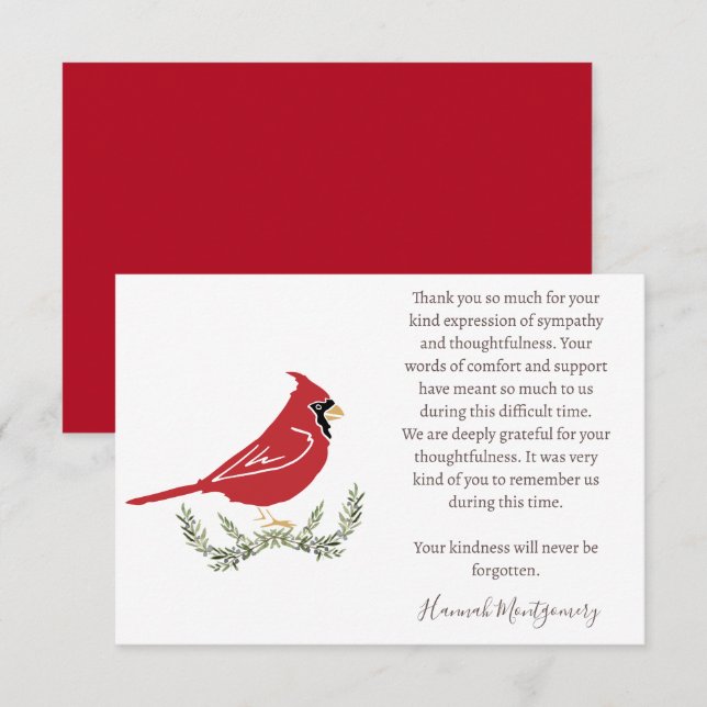 Correspondance Cardinal Funeral Photo Carte de remerciements, Sym (Devant / Derrière)