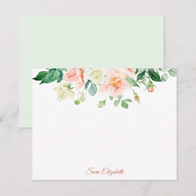 Correspondance Carte à note plat personnalisée Roses de pêche de  (Devant / Derrière)