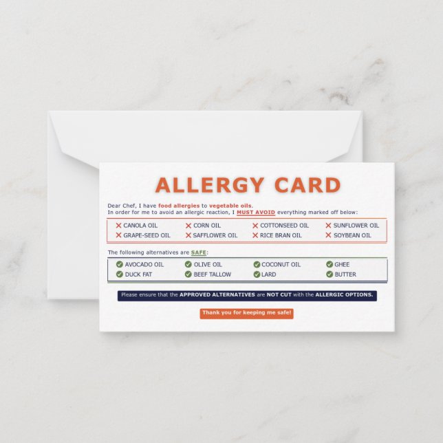 Correspondance Carte d'allergie à l'huile de graines  (Devant)