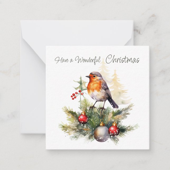 Correspondance Carte de Noël avec pinède et rouge-gorge (Devant)