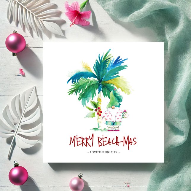 Correspondance Carte de Noël tropicale (Beach-mas invitations watercolor palm tree and Christmas gnome by Victoria Grigaliunas DoTellABelle)