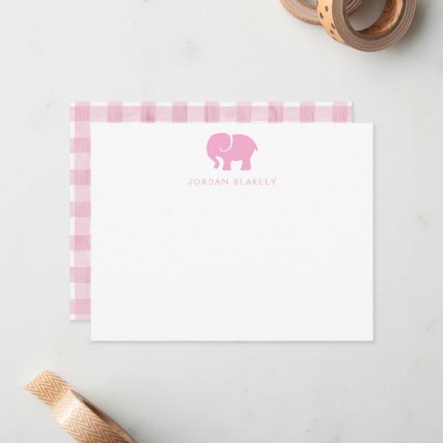 Correspondance Carte de note bébé, éléphant gingham rose clair pl (Devant/Arrière en situation)