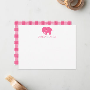 Correspondance Carte de note bébé, gingham éléphant rose plat