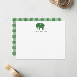 Correspondance Carte de note bébé, gingham éléphant vert plat