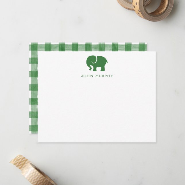 Correspondance Carte de note bébé, gingham éléphant vert plat (Devant/Arrière en situation)