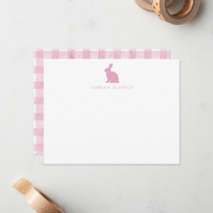 Correspondance Carte de note bébé, gingham lapin rose clair plat