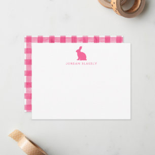 Correspondance Carte de note bébé, motif gingham lapin rose plat
