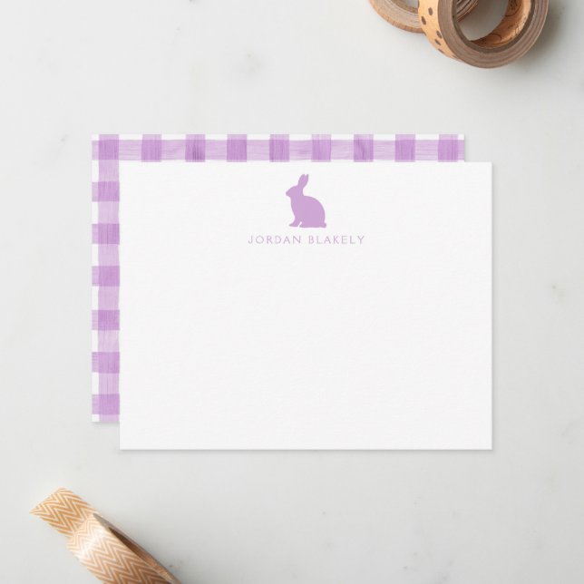 Correspondance Carte de note bébé, motif gingham lapin violet pla (Devant/Arrière en situation)