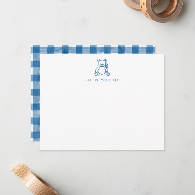Correspondance Carte de note bébé, ours en peluche bleu à carreau (Devant/Arrière en situation)
