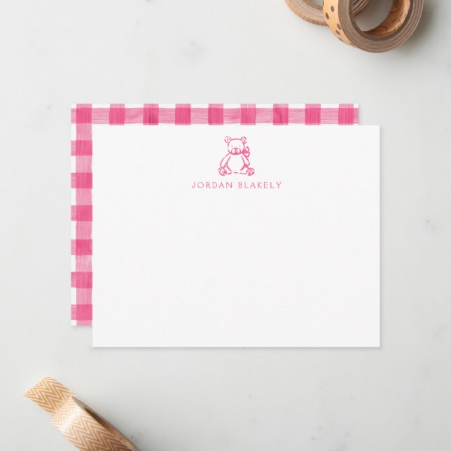 Correspondance Carte de note bébé, Vichy à l'ours en peluche rose (Devant/Arrière en situation)