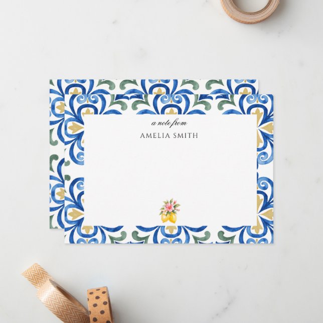 Correspondance carte de note de diner italien bleu dolce vita (Devant/Arrière en situation)