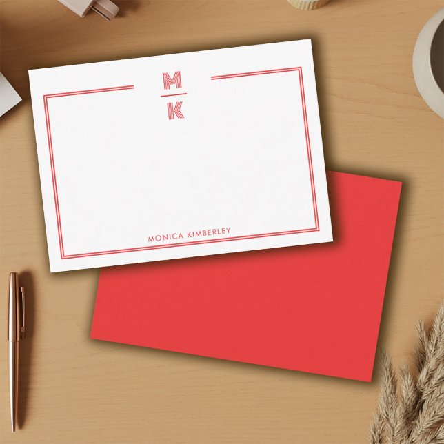 Correspondance Carte de note de monogramme à deux bordures rouges (Minimalist Red Two Border Monogram Note Card)