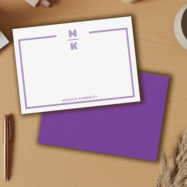 Correspondance Carte de note de monogramme à deux bordures violet (Minimalist Purple Two Border Monogram Note Card)