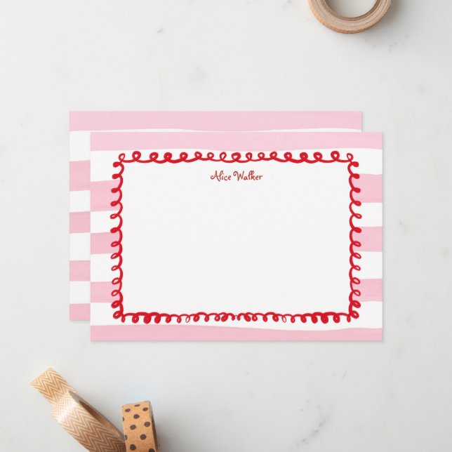Correspondance Carte de note de monogramme fantaisiste rose et ro (Devant/Arrière en situation)