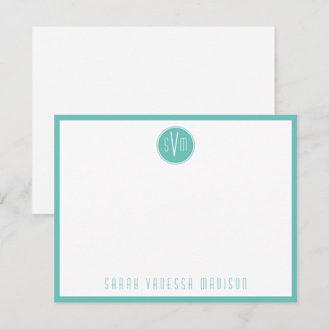 Correspondance Carte de note de nom Monogramme Turquoise de lumiè (Devant / Derrière)