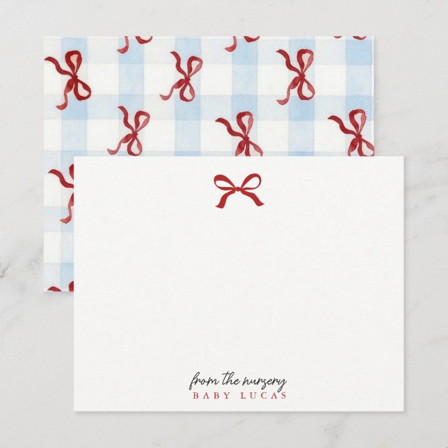 Correspondance Carte de note de nursery avec noeud en vichy bleu (Devant / Derrière)
