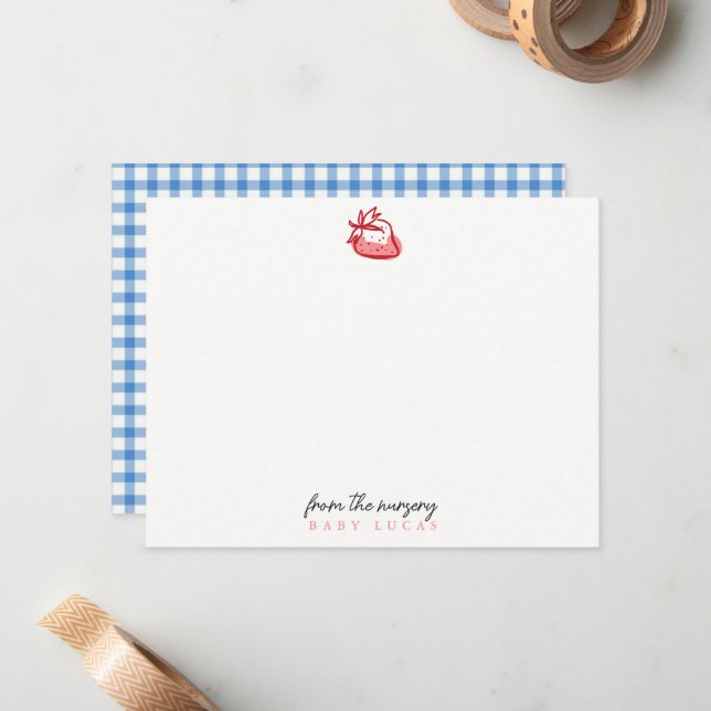 Correspondance Carte de note de nursery mignonne à carreaux bleus (Devant/Arrière en situation)