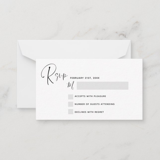 Correspondance Carte de note de script noir blanc Mariage RSVP Bu (Devant)
