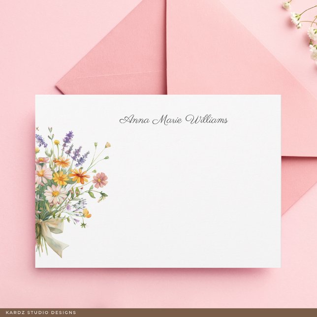 Correspondance Carte de note élégante Boho de fleurs sauvages (The front of the card is shown at a 3.5 x 5 inch size. Choose size, paper, + corner style.)