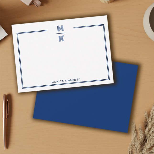 Correspondance Carte de note Monogramme à deux bordures bleu mari (Minimalist Navy Blue Two Border Monogram Note Card)