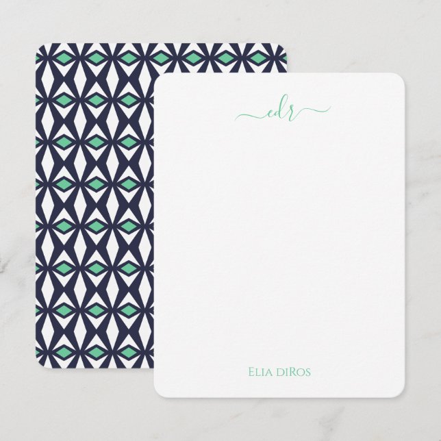 Correspondance Carte de note Monogramme Diamant Vert et Marine (Devant / Derrière)