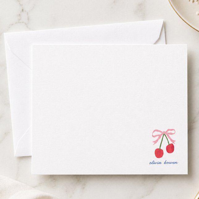 Correspondance Carte de Note | Nœud Coquette Cerise Illustration  (A cute design note card with coquette bow & cherries, perfect for thank yous & everyday note writing)